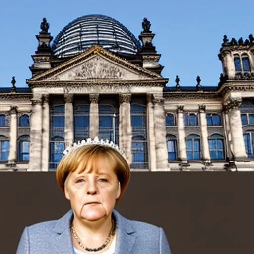 renaissance painting of angela merkel wearing a crown in front of the reichstag building