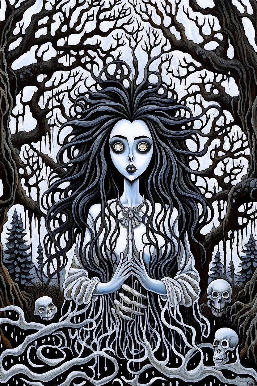 A painting depicting a surreal ghostly woman with ghostly white skin in Tim Burton style, high details, surrounded by various strange mystic trees. Her eyes are close open, and her is long messy dark hair. she holding a black heart, adding a unique surreal and sinister style to the artwork, etheral, weird plants, otherworldly, dark mood