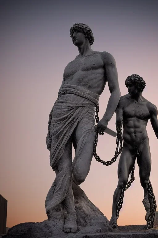 ، chain wraps around the Greek statue of man who struggling , neon light , future classic style, unreal engine , fuul body statue