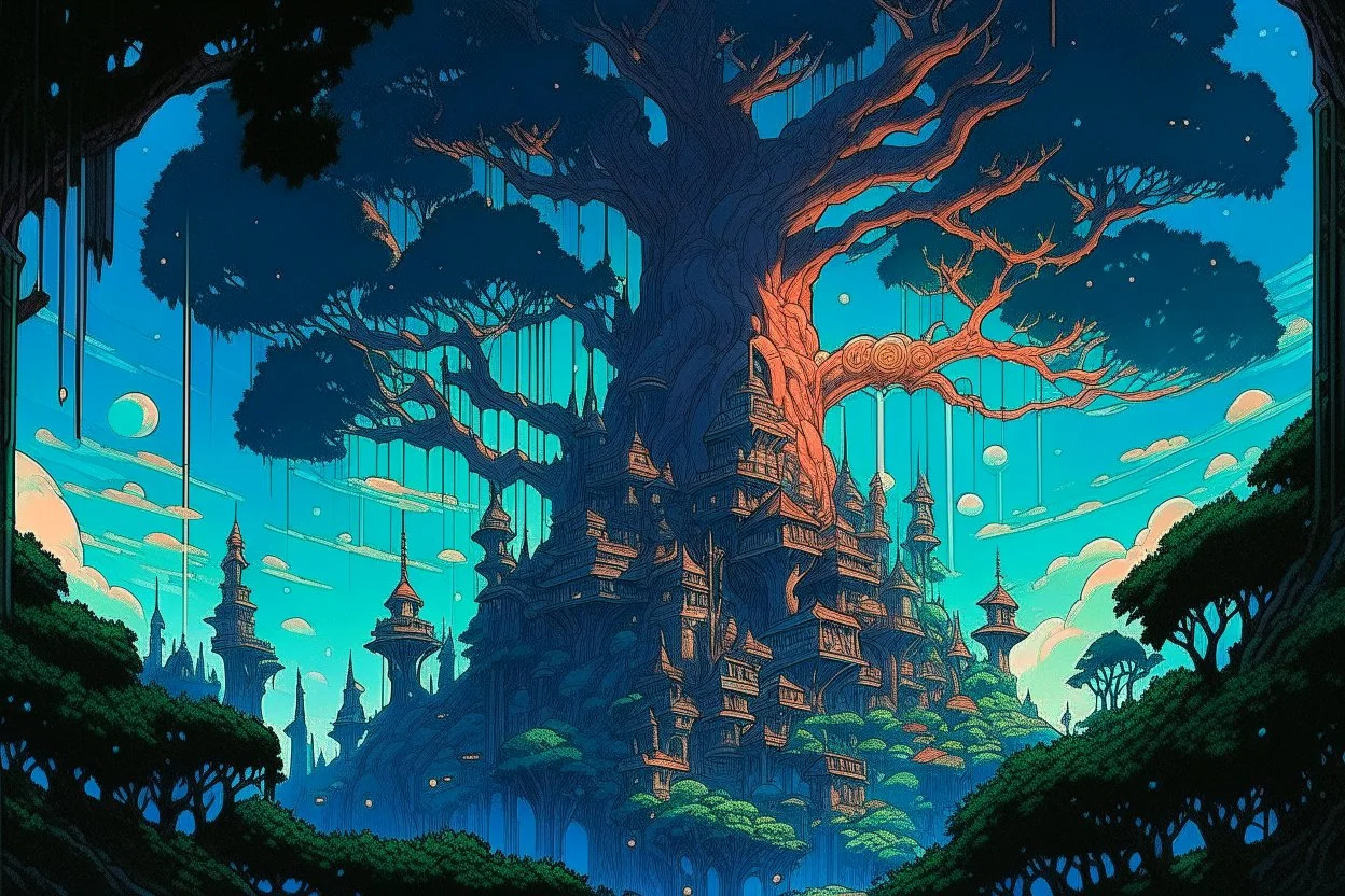 retro anime style, full color, dark serious 1980s anime style, a elf city in a giant tree, no humans, no people