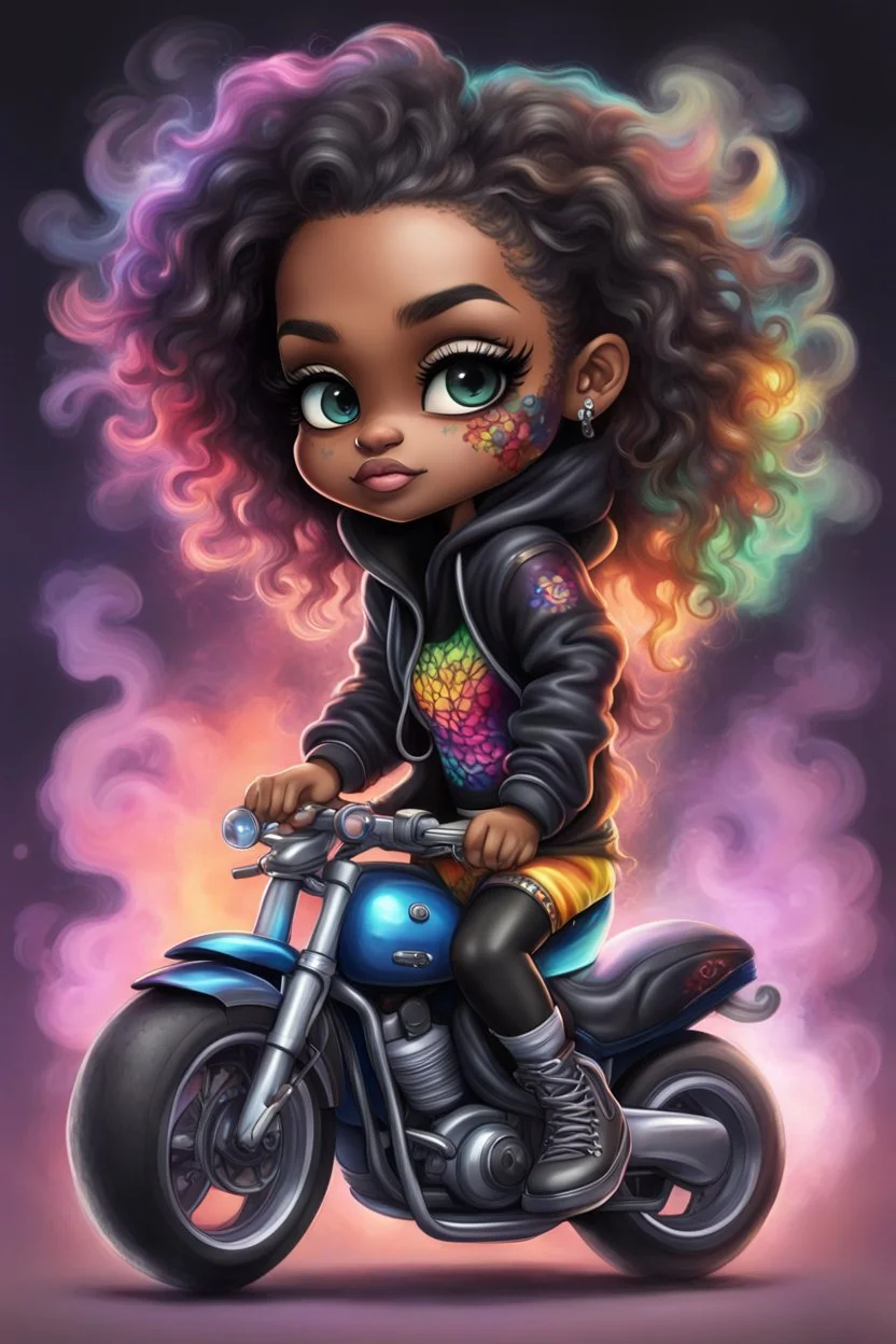 Create an digital airbrush illustration of a chibi cartoon black female wearing tie dye hoodie and black tights and biker boots. Sitting on a colorful sports motorcycle. Prominent make up with long lashes and hazel eyes. Highly detailed long twisted wavy hair blowing in the wind. Background of a bike show and smoke around her.