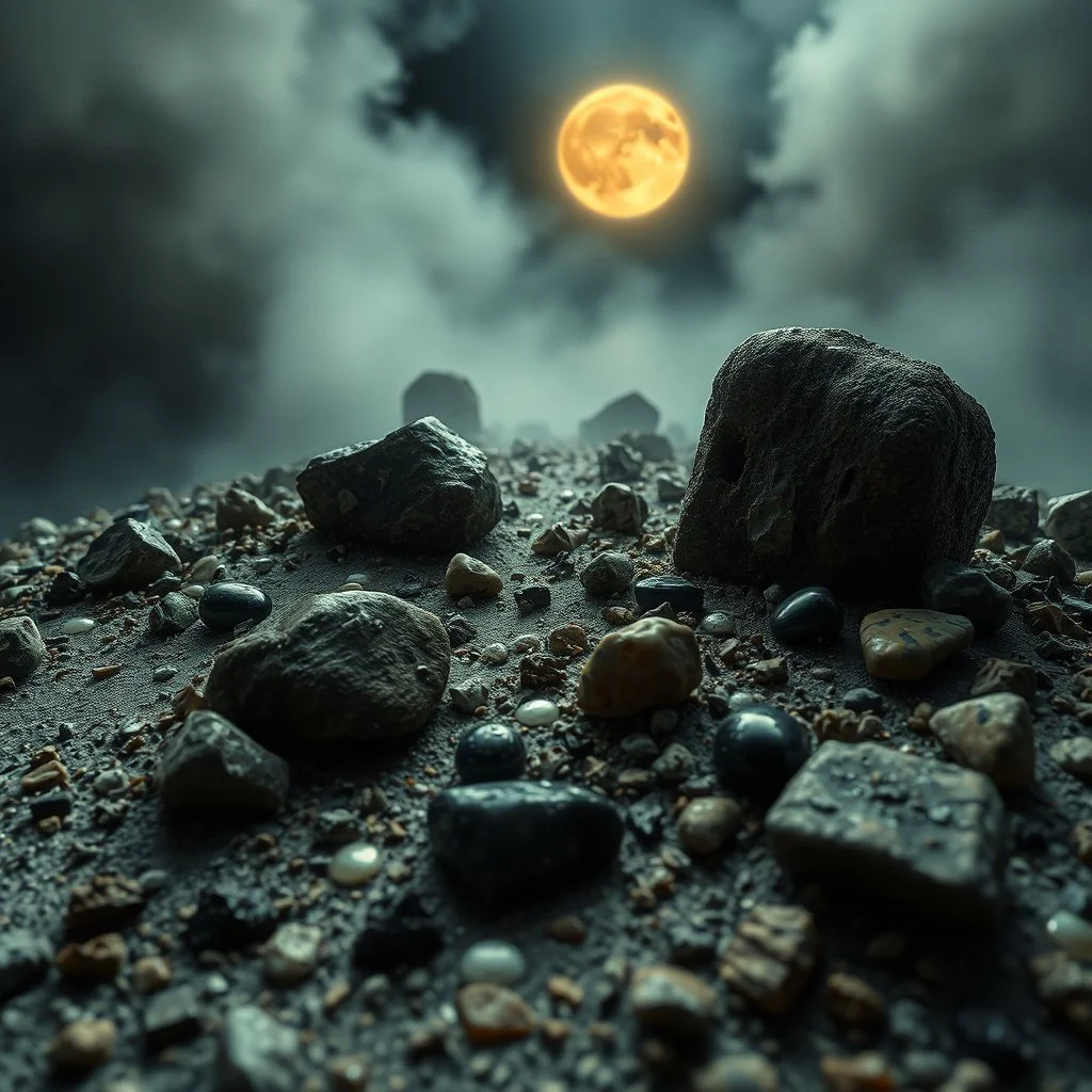 A striking quality close-up photograph captures a wasteland with odd stones, liquids, spooky, creepy, Amano, details of the dust very accentuated, glossy, organic, adorned with minerals and rocks, fog, eerie, Max Ernst style, black sun, fog