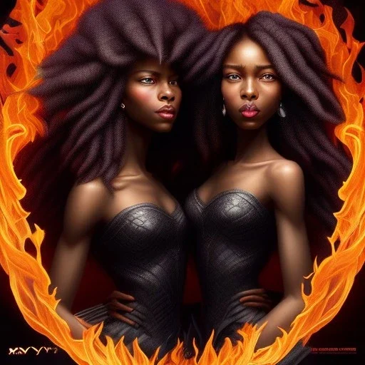 3D. Detailed Painting .realistic. Dark skin women. Beautiful. the faces of two young black women. Warm. Fire nymphs emerging from the flames.red.. Energy. Focus. THeir hair looks like smoke .smoke curling. Dreadlocs. Their skin is the colour of charcoal . Their hair moves like smoke. . their clothing is made of flames, red. Orange. Yellow. White and gold