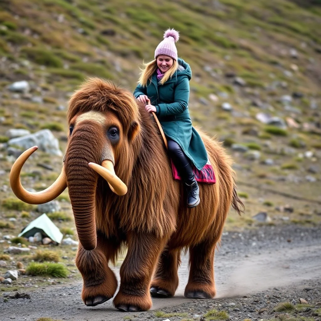 Greta Thunberg riding her woolly mammoth.