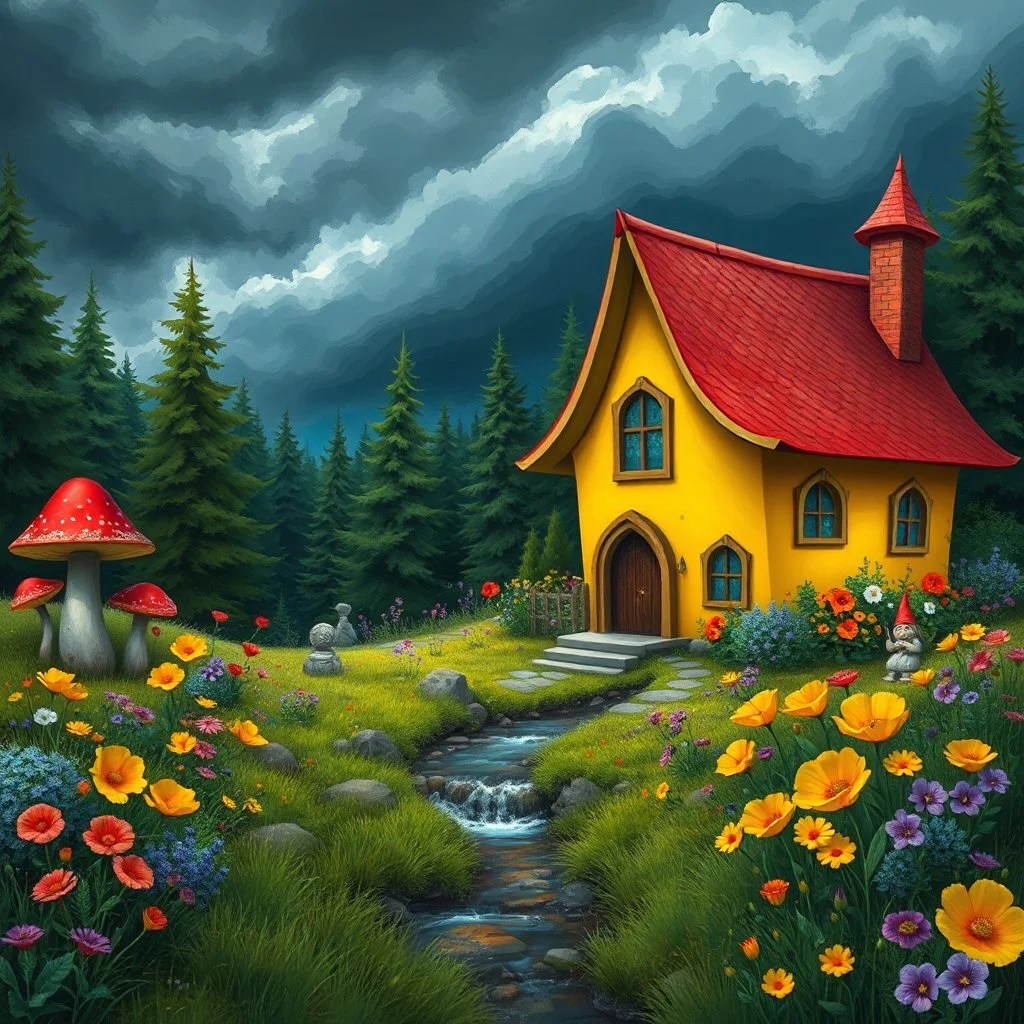 A colorful and whimsical digital painting depicting a magical house from fairy tales nestled in a landscape of lush forest and vegetation. The Fairytale House has a vibrant yellow exterior with a red roof, surrounded by a field of mushrooms, yellow poppies, violets, anemones and other wildflowers and statues of gnomes and fairies. In the background, a stormy sky with dark clouds creates a dramatic contrast. A small stream flows in the foreground, adding to the peaceful and picturesque scene