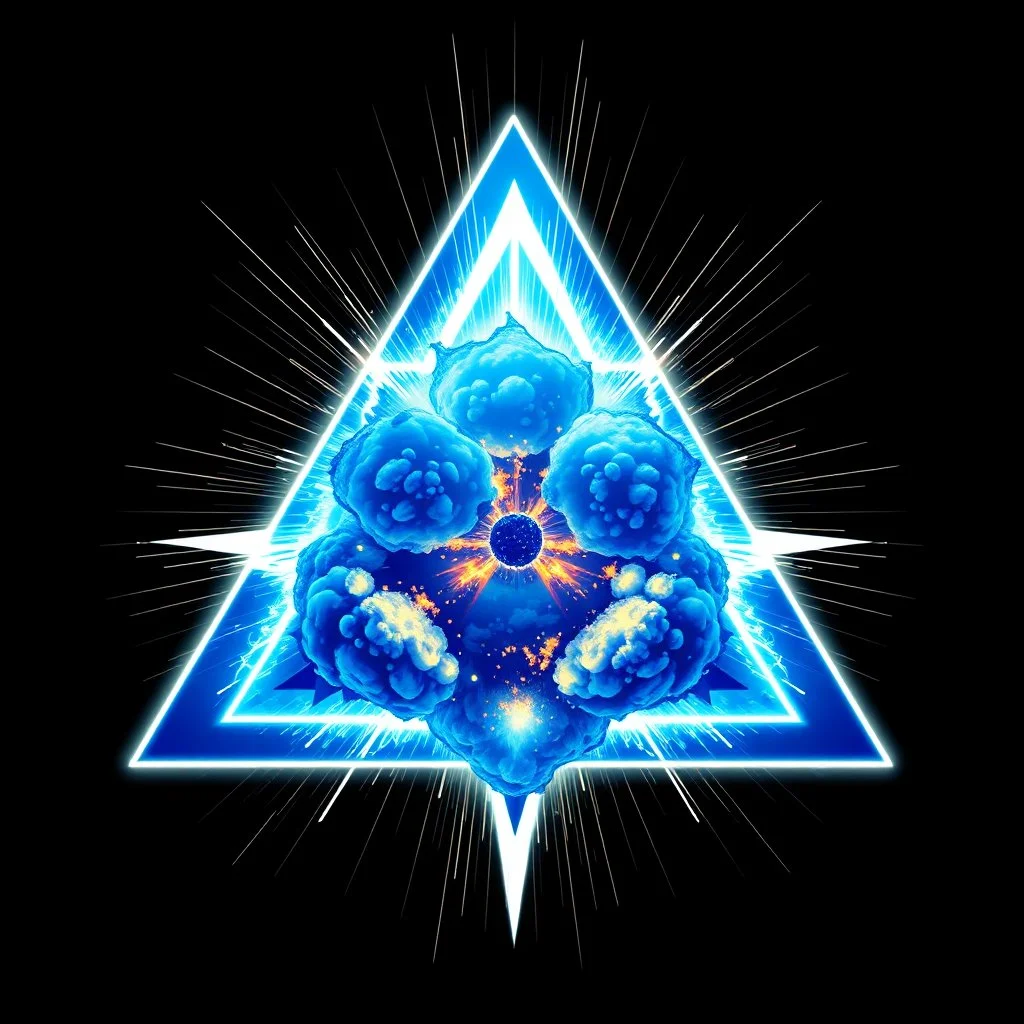 a blue nuclear explosion inside an equilateral triangle, inner glow, radiant lines, vector logo