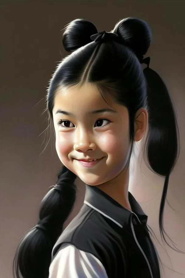 A nine year girl with a smile and black hair (IN A PONYTAIL) chun realism cute face