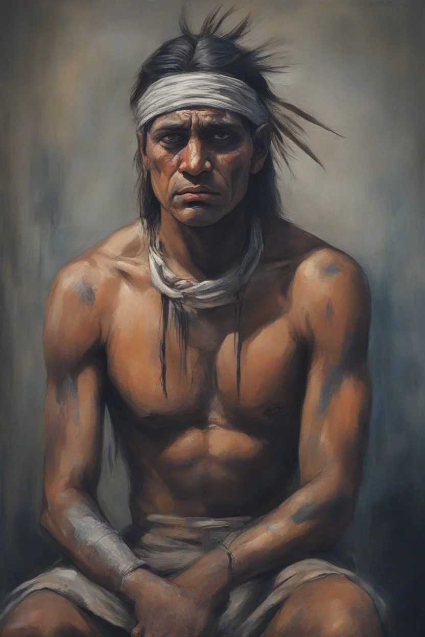 A native Indian , they but a fabric on his eye so he can not see and his arms are Handcuffed. looks miserable with bruises on his face like he has been beating sitting on a broken chair in a prison with dem light and dark prison environments , Busch painting style , sureal