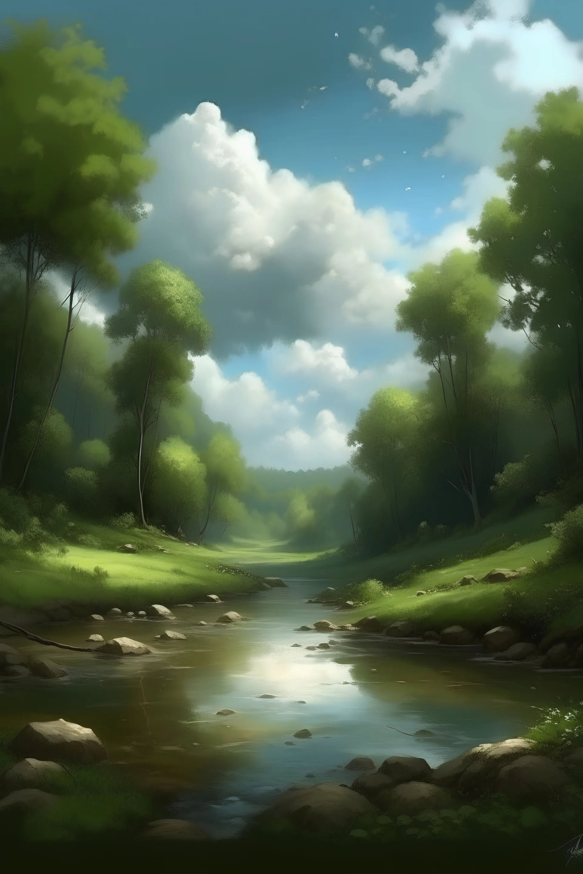 landscape in style of wlop, , clouds, forest creek, , impressionism, hyperrealistic, cinemaographic
