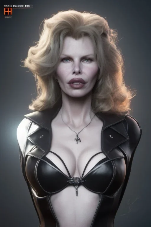 Kim Basinger as evil queen in black leather, busty, cleavage, curvy, angry, happy, stern look. character design by cory loftis, fenghua zhong, ryohei hase, ismail inceoglu and ruan jia. unreal engine 5, artistic lighting, highly detailed, photorealistic, fantasy