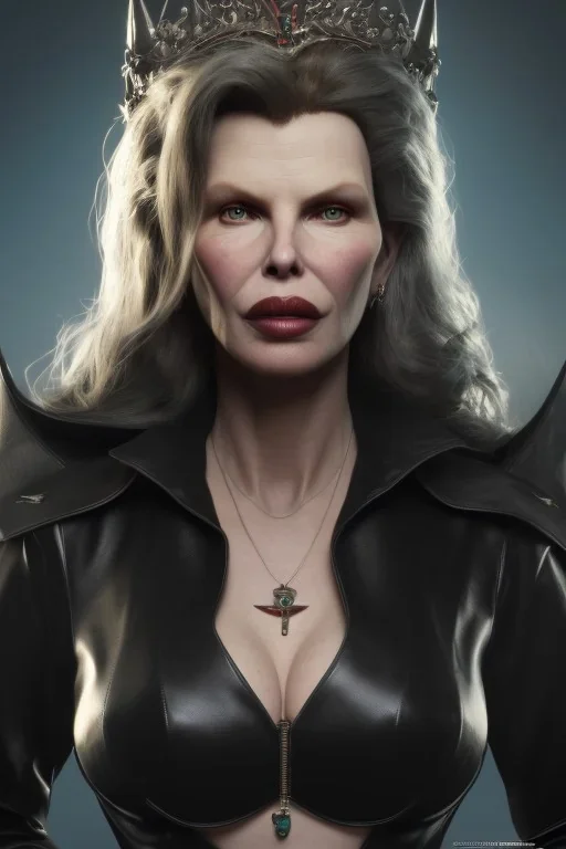 Kim Basinger as evil queen in black leather, busty, cleavage, curvy, angry, happy, stern look. character design by cory loftis, fenghua zhong, ryohei hase, ismail inceoglu and ruan jia. unreal engine 5, artistic lighting, highly detailed, photorealistic, fantasy