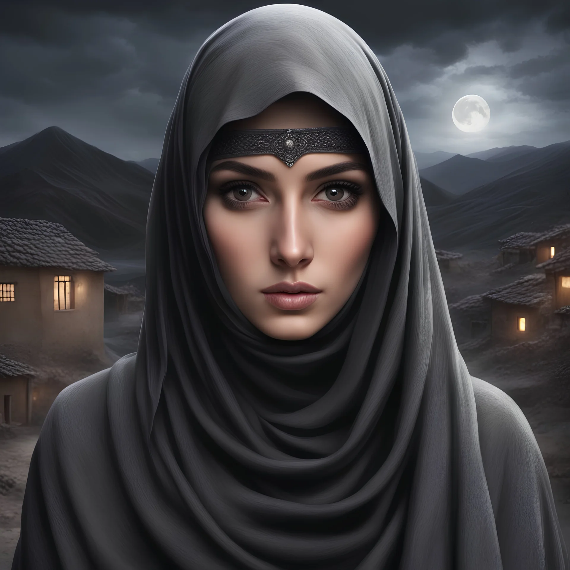 Hyper Realistic close-up-view of Beautiful Pashto Girl in niqab with beautiful hair & beautiful eyes fully-face-covered-in-black-dress-&-grey-shawl standing outside village-houses giving-bold-expressions on mountain-top at night with cloudy-moonlight showing dramatic & cinematic ambiance