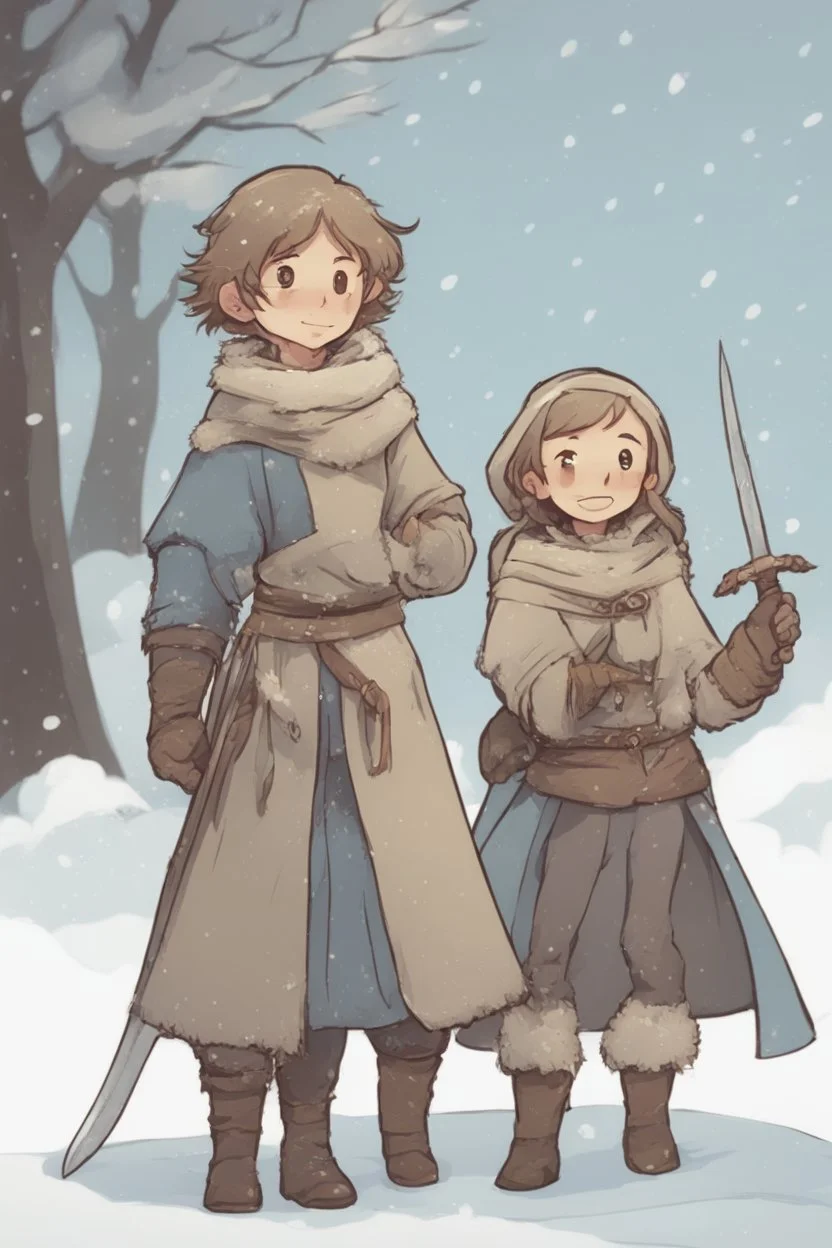 DnD style, two medieval peasant kids playing in the snow male and female, age 14 and 15, happy and playful, he has a short sword.