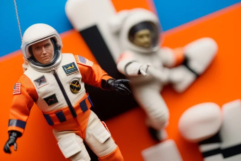Mike pence G.i. Joe toy doll Astronaut uniform inside a blister packaging hanging on a Wallrack in toystore, fluorescent orange, wide angle shot whole body, black moonboots, fullsize, bright green pricetag,