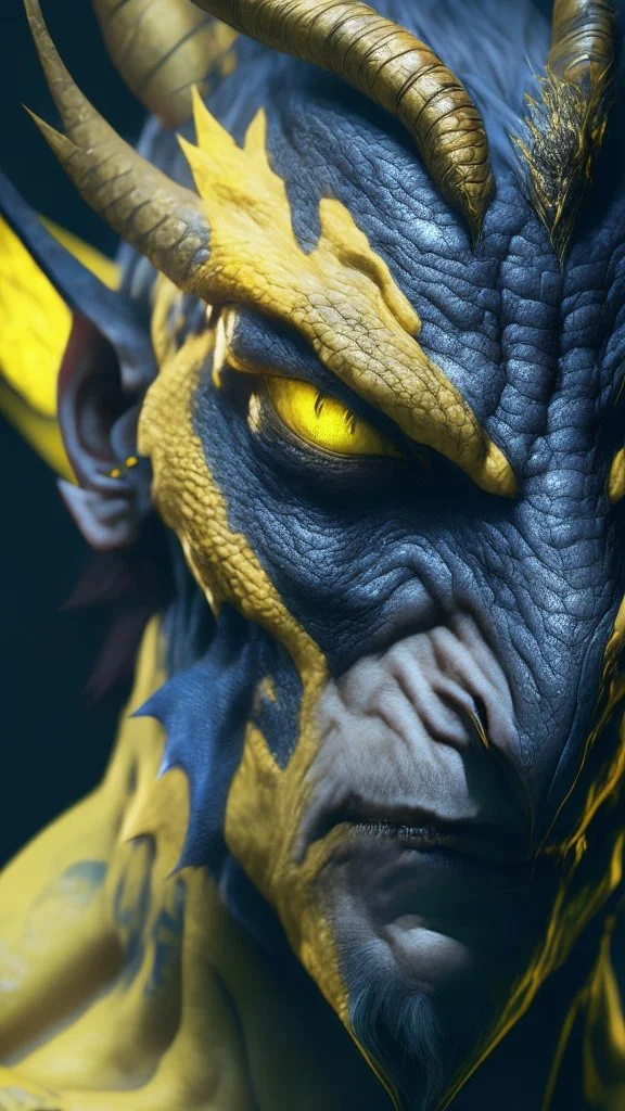 A Na'vi Ogre Dragon with large yellow eyes, tattooed skin, starring viciously at the viewer, 8k resolution concept art portrait by Greg Rutkowski, Artgerm, WLOP, Alphonse Mucha dynamic lighting hyperdetailed intricately detailed Splash art trending on Artstation Unreal Engine 5 volumetric lighting, by Hajime Isayama, H R Giger