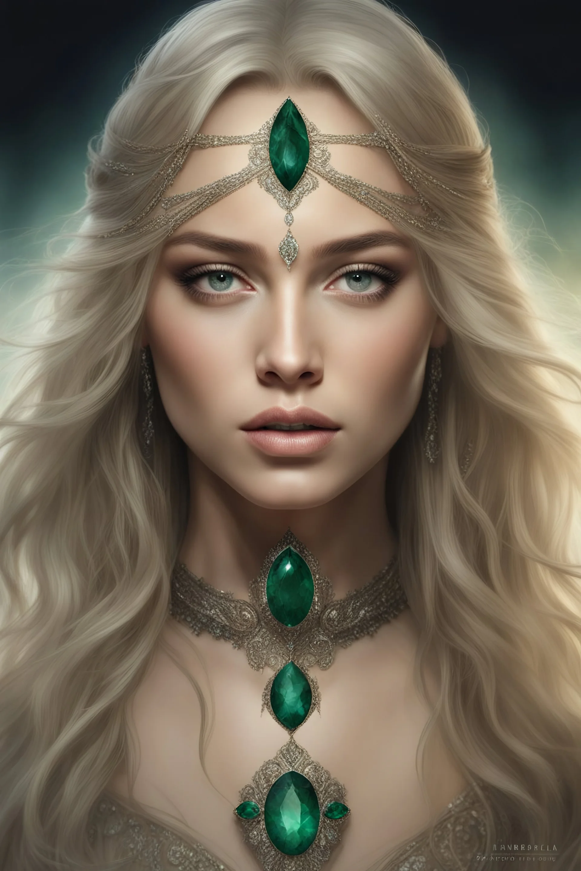 The Lord of the Rings - head and shoulders portrait, Photorealistic, hyperrealism, Dazzling, Complex, dramatic, bold, attractive Barbarella, perfect, Athletic, toned body with tanned skin, perfectly formed body, Emerald City, extremely detailed, lipstick, eyeshadow, eyeliner, mascara, rouge