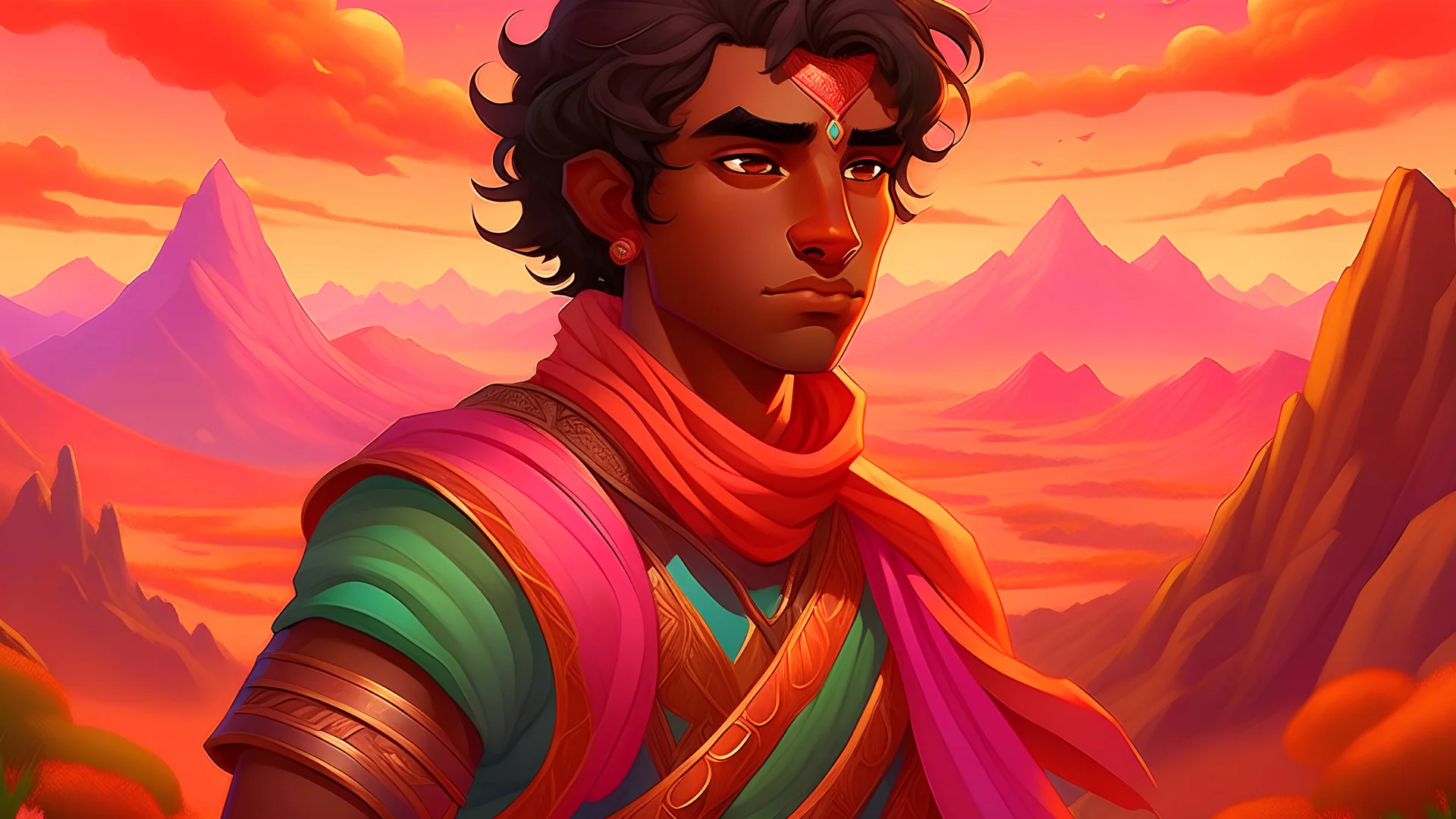 /imagine prompt: realictic, with lush green landscapes and towering mountains in the distance. The sky is painted in vivid hues of orange and pink, casting a warm, otherworldly glow over the land. In the foreground, we see the young warrior with his thick, wavy black hair, hazel eyes and dark skin with Arab features. He stands tall and determined, his fists clenched, ready to embark on his journey. Convey a sense of adventure