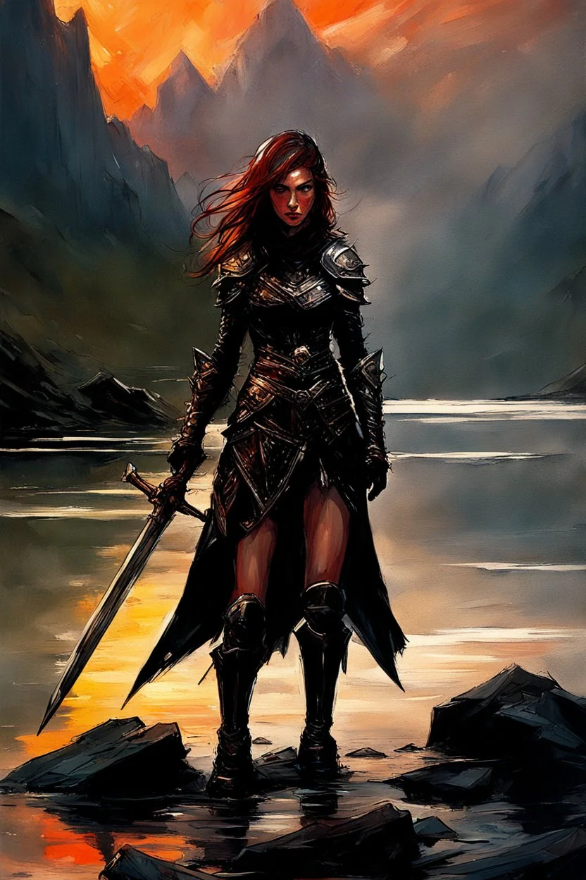 A formidable warrior girl in black armor, on the background Amazing gloomy landscape, flooded with sunset, mountains, trees, fabulous scary hero, , juicy emotions, painting, dark fantasy, bad weather, gloomy day, dark world, by Raymond Swanland & Alyssa Monks & Anna Razumovskaya