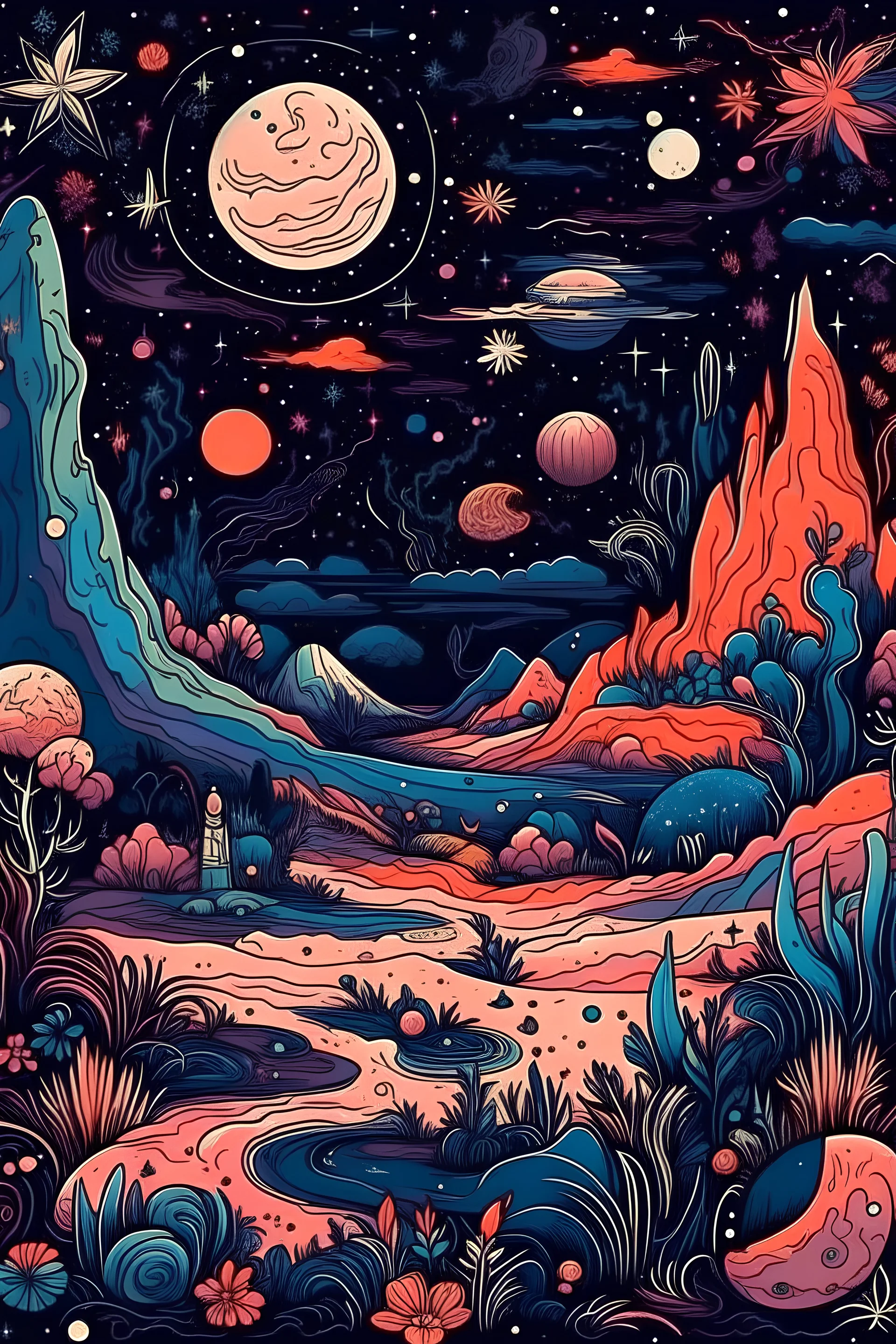 Paisaje cósmico, estrellas, planetas, vegetación y animales extraños. Muy detallado