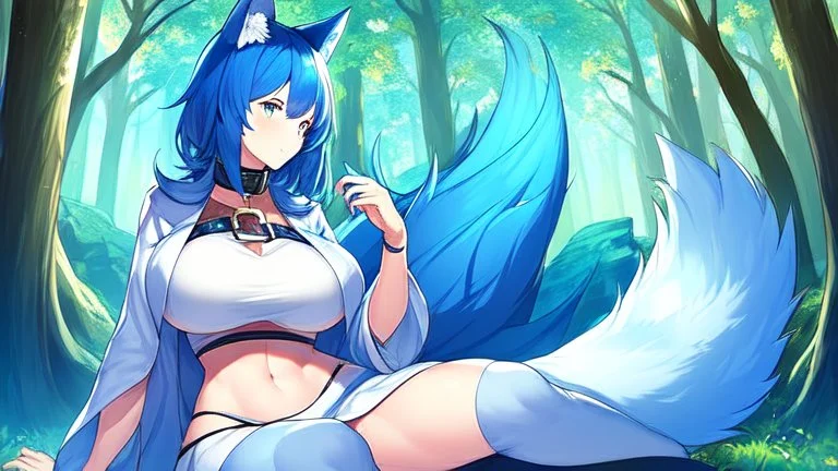 Girl look like wolf, wolf paws on hand , animal paws, wolf ears, wolf tail,blue hair, open navel,(2: big breasts), forest, collar on neck,sit.