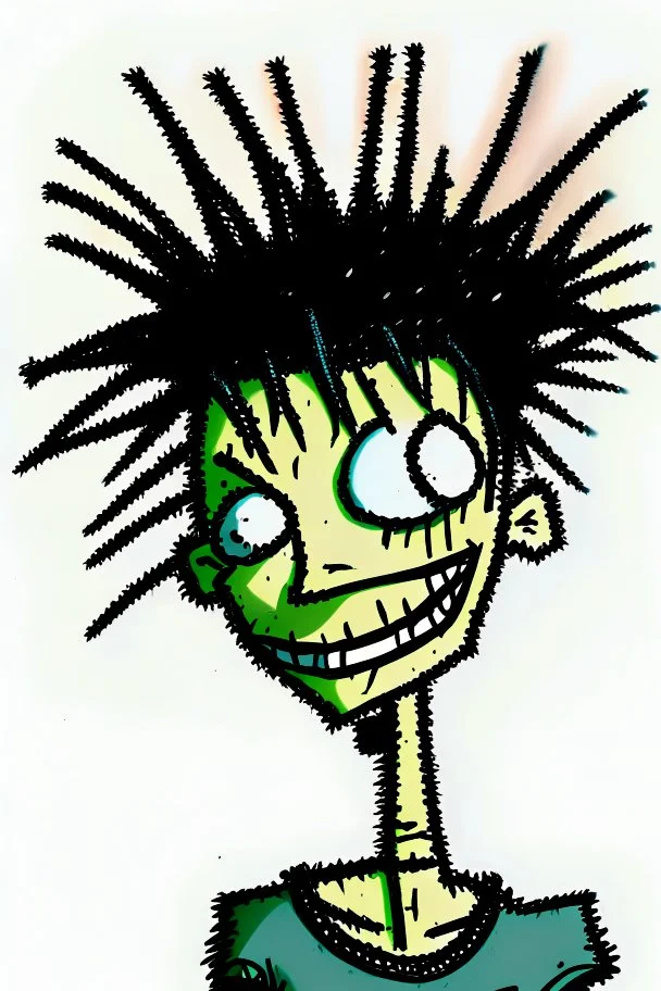 2d drawing of a stickman, cool with punk hair, x eyes like in hangman, head slightly bended, looking close into camera, smiling,close-up ,3d realistic in colour