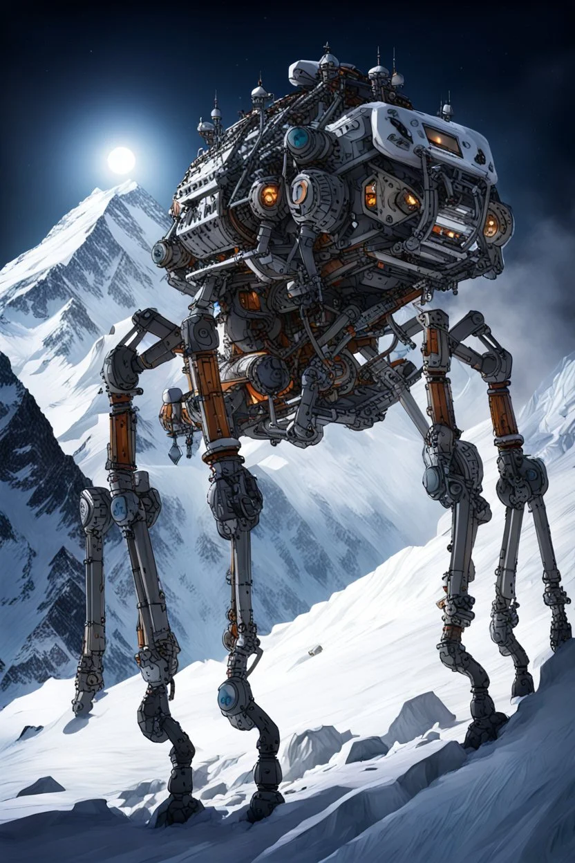 a mechanical walker with eight legs scaling a very steep snow covered side of mout everest at night, it has a smooth surface, it has storage pods on its belly human can fit in the pods