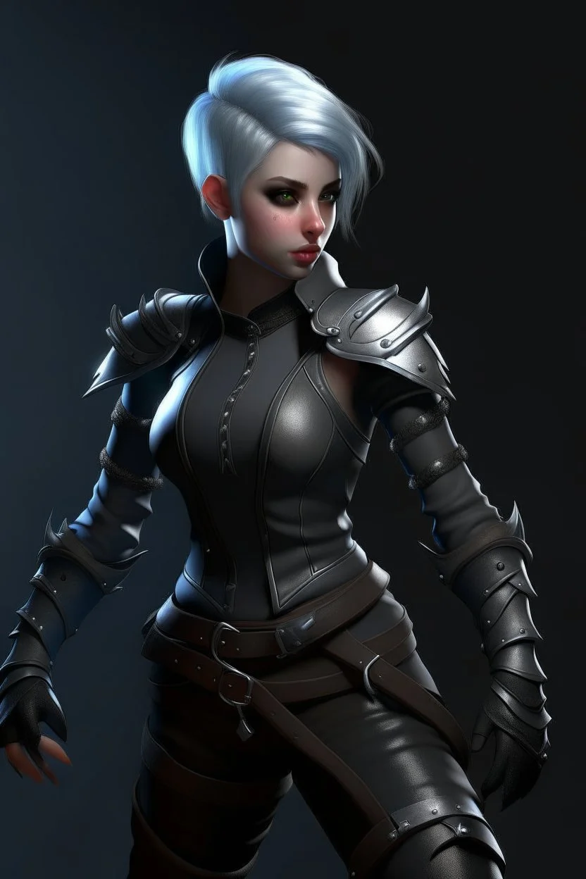 create a female air genasi from dungeons and dragons, dark gray short hair, light blue eyes, wind like hair, wearing hot leather clothing that also looks studded, realistic, full body, digital art, high resolution, strong lighting