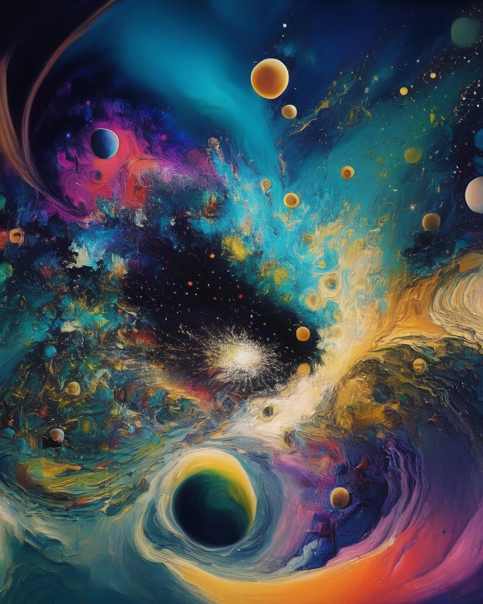 A stunning scene of a cosmic ballet, featuring celestial bodies, swirling galaxies, and shimmering auroras, in the style of abstract expressionism, bold color splashes, fluid shapes, and energetic brushstrokes, 13K resolution, inspired by the works of Jackson Pollock and Wassily Kandinsky, capturing the awe-inspiring vastness and beauty of the cosmos.