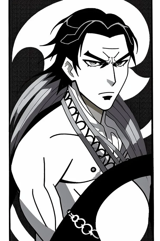 A manga-style portrait of a 35-years old male Shinigami, in the style of "Bleach", tall and muscular, with wild silver-gray hair, steel-colored eyes, and a scar across his left brow and cheek. He wears a tattered captain's haori of the 11th Division, open kimono revealing a dragon claw tattoo on his chest, and metallic claws on his forearms. He smirks defiantly, standing in a dynamic pose with silver reiatsu swirling around him.