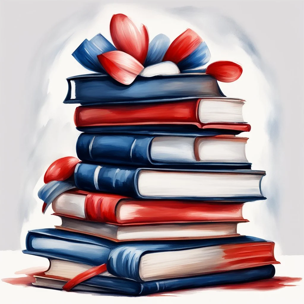 Hand drawn illustration, oil painting, in the style of Easter illustrations, midnight blue and red, stack of books with airbrush tape, white background only