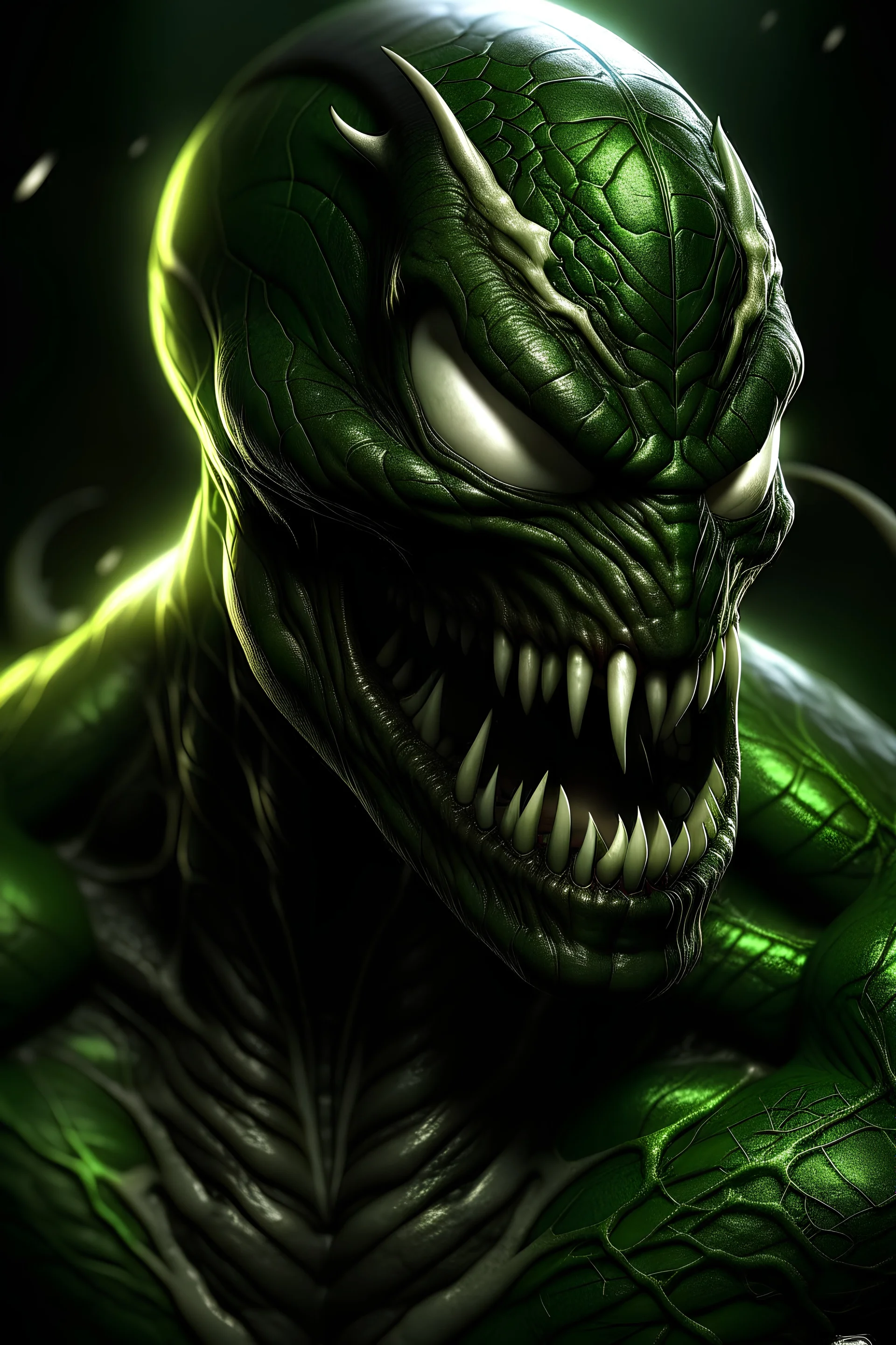 Portrait von Venom aus dem Spiderman universum, seine haut ist grün