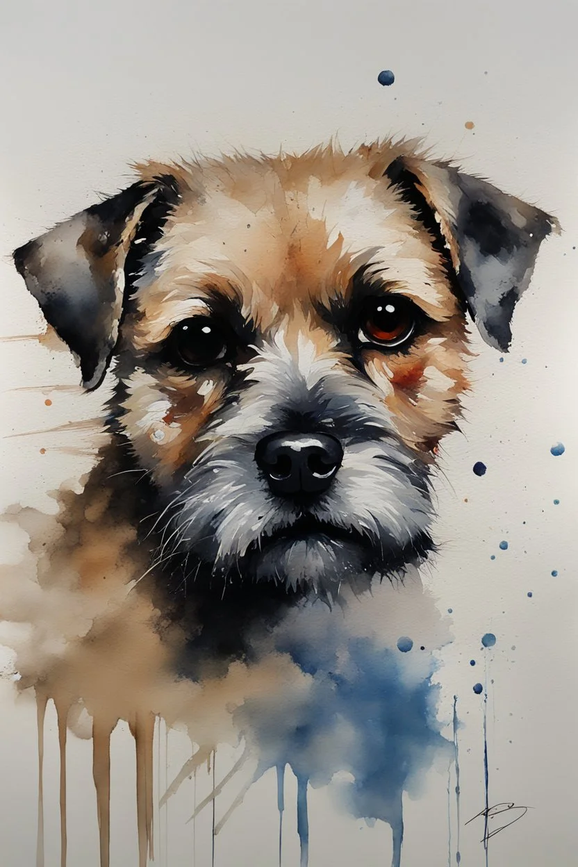 A minimalist portrait of a border terrier by Ryan Hewett , willem haenraets, watercolor, wet on wet and splattering techniques, centered, perfect composition, abstraction, surrealism