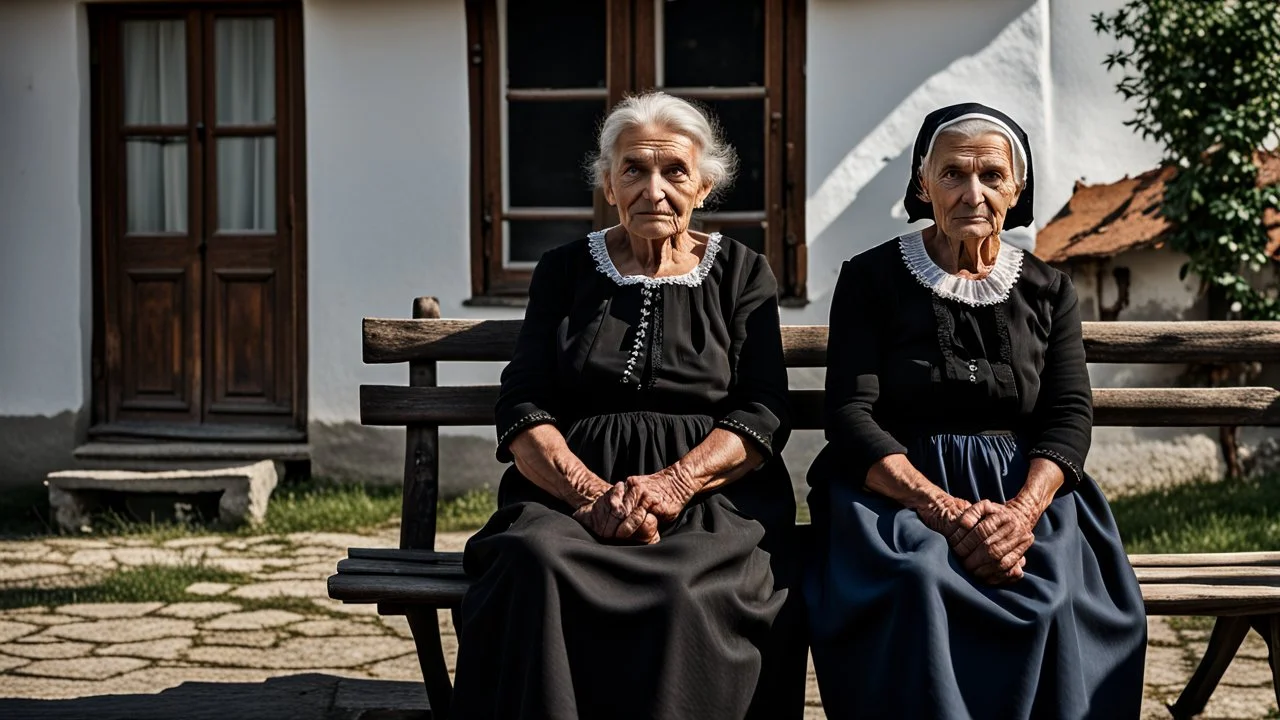 gloomy-looking old women sitting in black hungarian old villager dress and european black head scharf on wooden bench in front of white old house outside in an authentic east european ,hungarian village, high detalied, professional photo, high qualit, high textures. The high-resolution image captures the essence of authenticity and realism, transporting the viewer to another time and place.