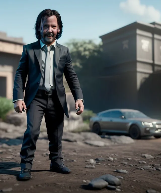 John wick toddler, full body, dramatic lighting, smile, hyper realistic