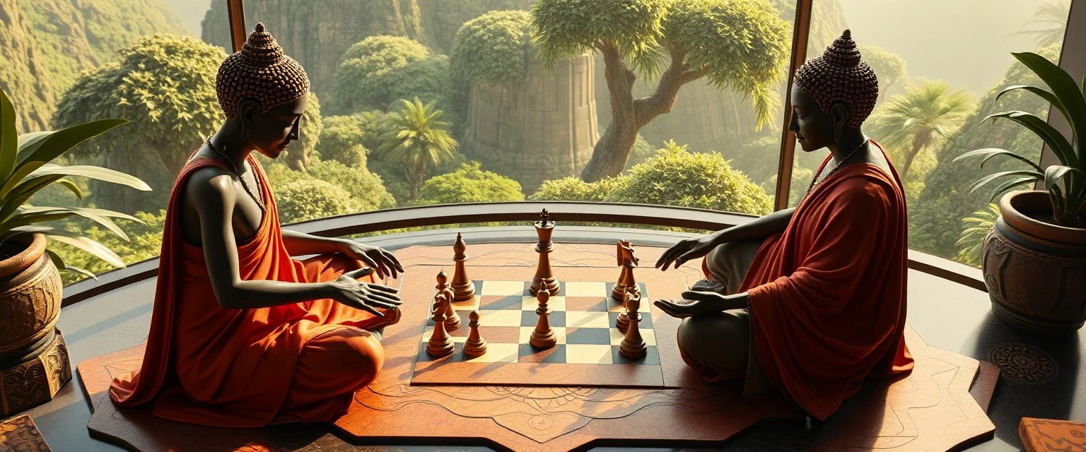 alien yoga budha chess masters playing serious chess on hex map in lounge on beautiful lush planet