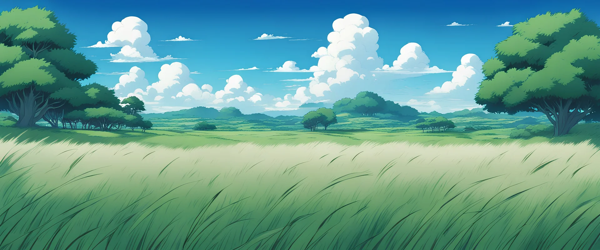 prompthunt: illustration of a wide shot green hills with clouds in the  background, cute anime girl with platinum blonde hair and big eyes in  foreground, anime key visual, official media, illustrated by