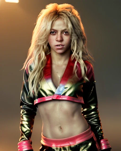 portrait, Shakira, blonde artist, angry, Realistic image, MMA robe, hoodie, mma gloves, loose long hair, eyes make up, gold line make up, moisture, sweat, fog, Neon colors, leds. Dark background, photo studio, concept art, smooth, unreal engine 5, god lights, ray tracing, RTX, lumen lighting, ultra detail, volumetric lighting, 3d, finely drawn, high definition, 4k.