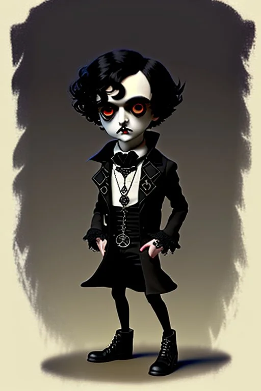 black haired black eyed young man necromancer steampunk goth Gnome that looks like a young Edgar Allan Poe with gothic jewelry in the style of Charles Addams