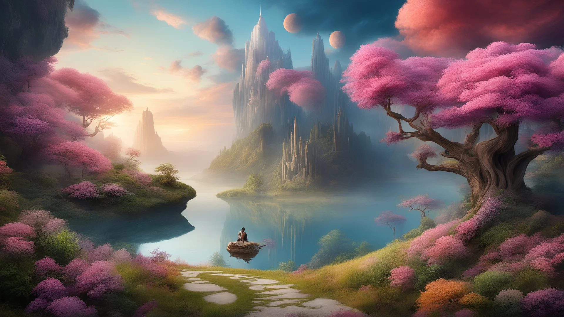 A surreal dreamscape where reality blends with imagination, fantasy, award-winning photograph, realistic, beautiful composition, natural colors, highly detailed, inspiring, beauty, peace, joy, happiness, fantasy, wow