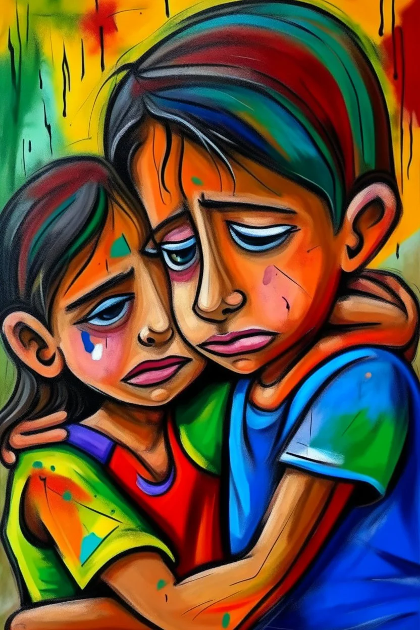 a girl hug her brother and both crying sadly, expressionism, Pixar style, in abstract art Basquiat, Picasso, Miro, Kandinsky, Klee, Birell, Fairey, Ardon, Buffet aand Picasso style, HD --s 750 --v 5.1 --style raw, water color