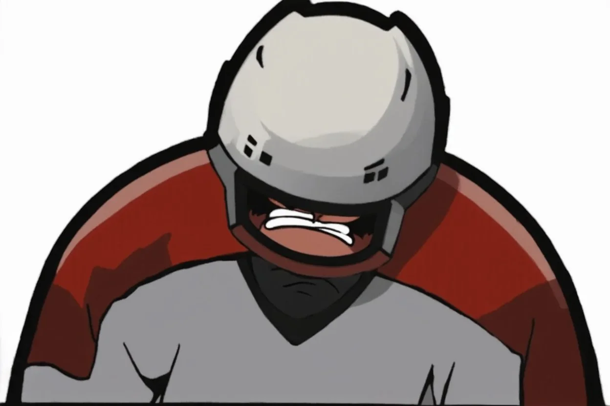 Calvin and Hobbs cartoon of an angry pouting with head down wearing a hockey helmet, line art cartoon