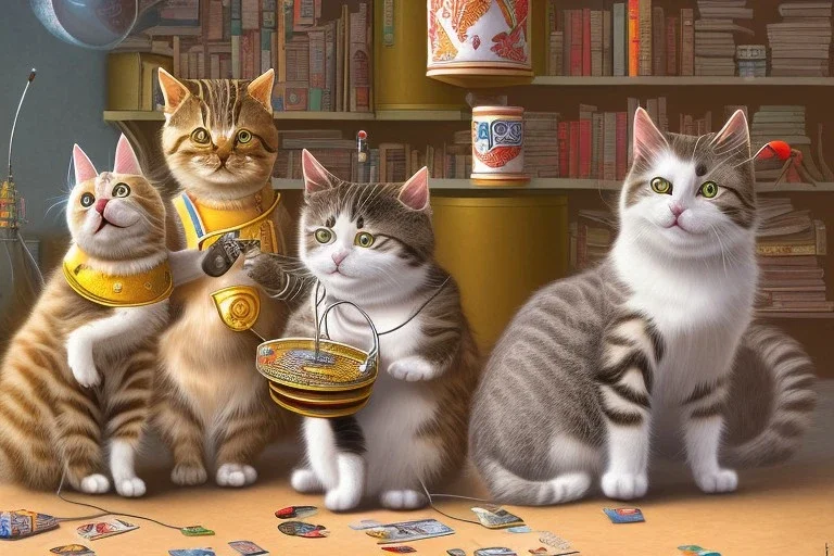 Group of three mature cats musicians, one cat playing guitar, one cat playing drums, one cat holding microphone and singing, street, Vienna, smiling, sunny day, model style, hyper realistic, extremely accurate, delicate, extremely detailed, Graphic novel style, wide-angle, open aperture, superfine pencil