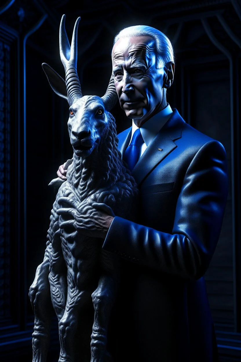 putin holding a biden goat in the style of giger, spraypaint, photorealism, trending on artstation, 8k, depth of field, downlight, lightrays, volumetric, white hall podium, brown and blue