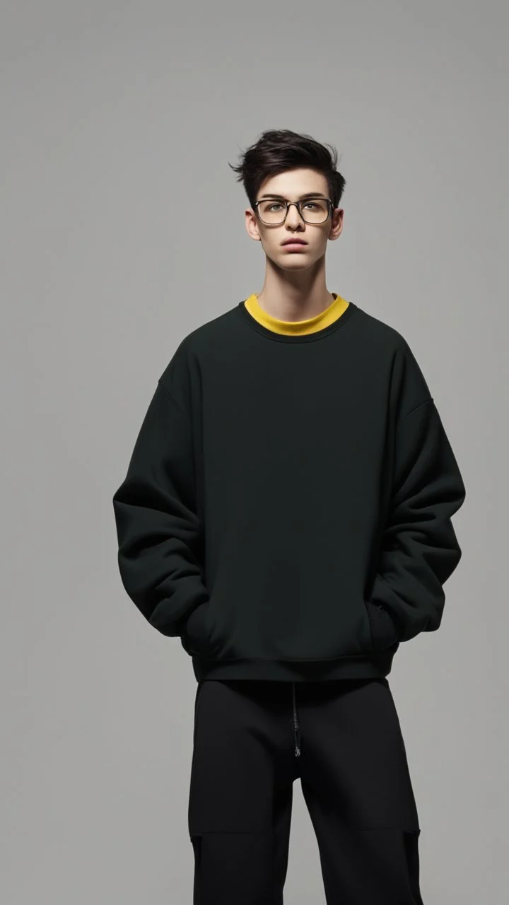 generate a tall guy with green eyes, black short hair, black rectangular glasses, plump lips, wide shoulders, in a black sweatshirt, black pants with pockets on the hips, yellow short socks, in black sneakers, wide shoulders, the guy is crying