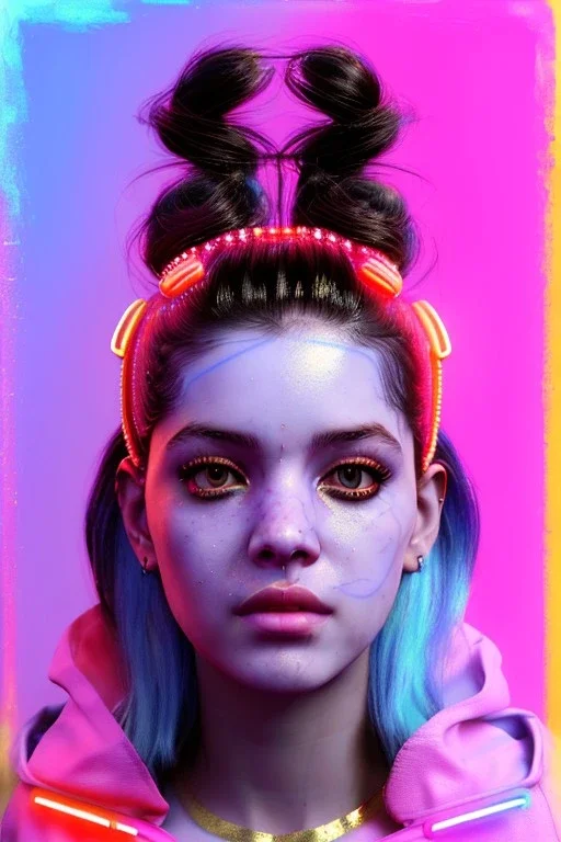 Ultra Realistic image, Rosalía artist, portrait, waist up portrait, black eye line, sweet face, gold pink and blue geisha style, spray line make up, geometric, led lights, neon, rings piercing, led ornament, fog, bubble latex coat, vibrant color, highly detailed, art stations, concept art, smooth, unreal engine 5, god rays, ray tracing, RTX, lumen lighting, ultra detail, volumetric lighting, 3d, finely drawn, high definition, high resolution.