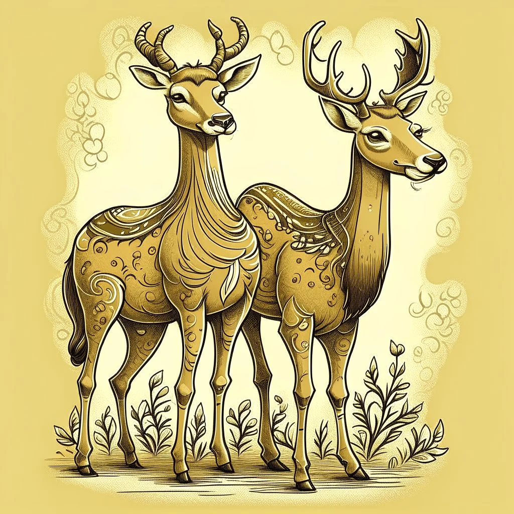 a whimsical illustration of 2 deer, a female deer on the left with body facing left but is looking back to the right, while on the right is a male deer facing left with a look of mild excitement while he glancing at the other's butt, both have upward tails