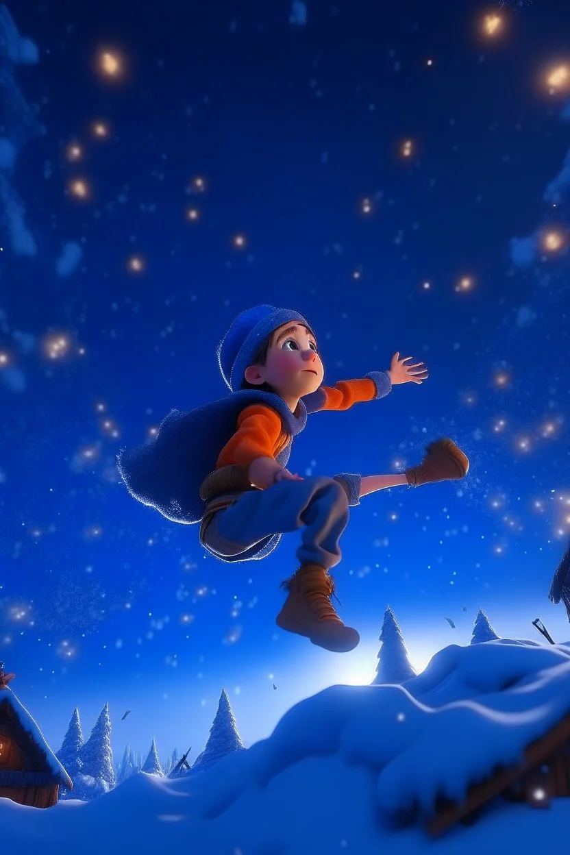 cartoon boy falling from sky on a snowy night, 3 d render, photorealistic, octane, 8 k, pixar - clip art by chris ware, beeple style, cg society contest winner, unreal engine, deviantart, ray tracing, global illumination