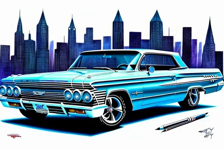 a true-to-life 1963 Chevrolet Impala, centered, intricate, extreme detailed, photorealism, center view, city background, pivot on chevrolet, pen and color marker painting by cheryl kelley