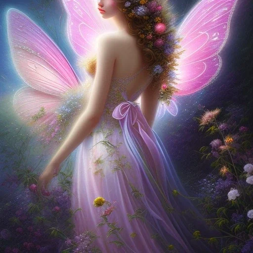 beautiful detailed fairy inside a wide flowery dreamscape, soft pastel colors, soft lightning