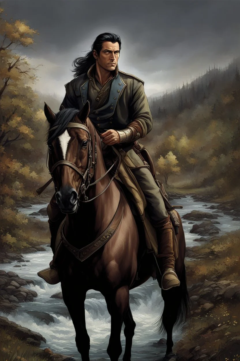 A 40 year old mercenary in a battle jacket and travelers cloth. He is riding a dark gray horse. He is tall, slim, has a sharply cut face. black hair, short ponytail on the top of his head. Perfect face. Perfect eyes. Perfect hands. Perfect feets. fantasy setting. A river ford in a wood. Style of Larry Elmore